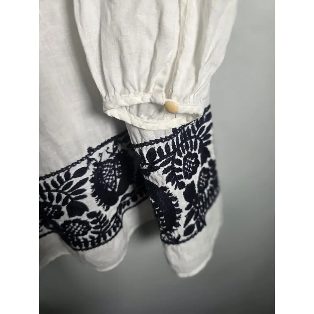 J.Crew Linen Peasant Top White Navy Embroidered Hem Boho Blouse XS